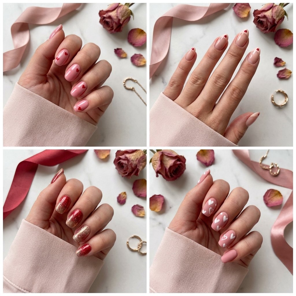 Collage of aesthetic valentines day nail designs with hearts and pink polish