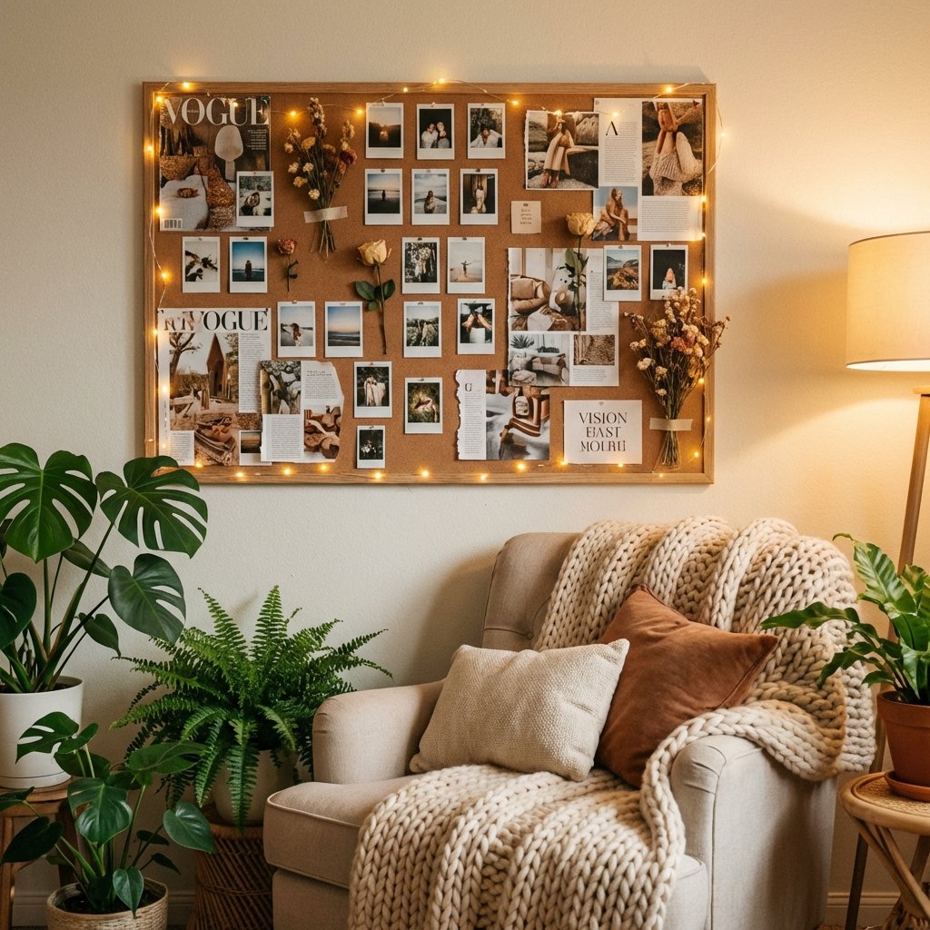 Aesthetic cork vision board on a wall with fairy lights