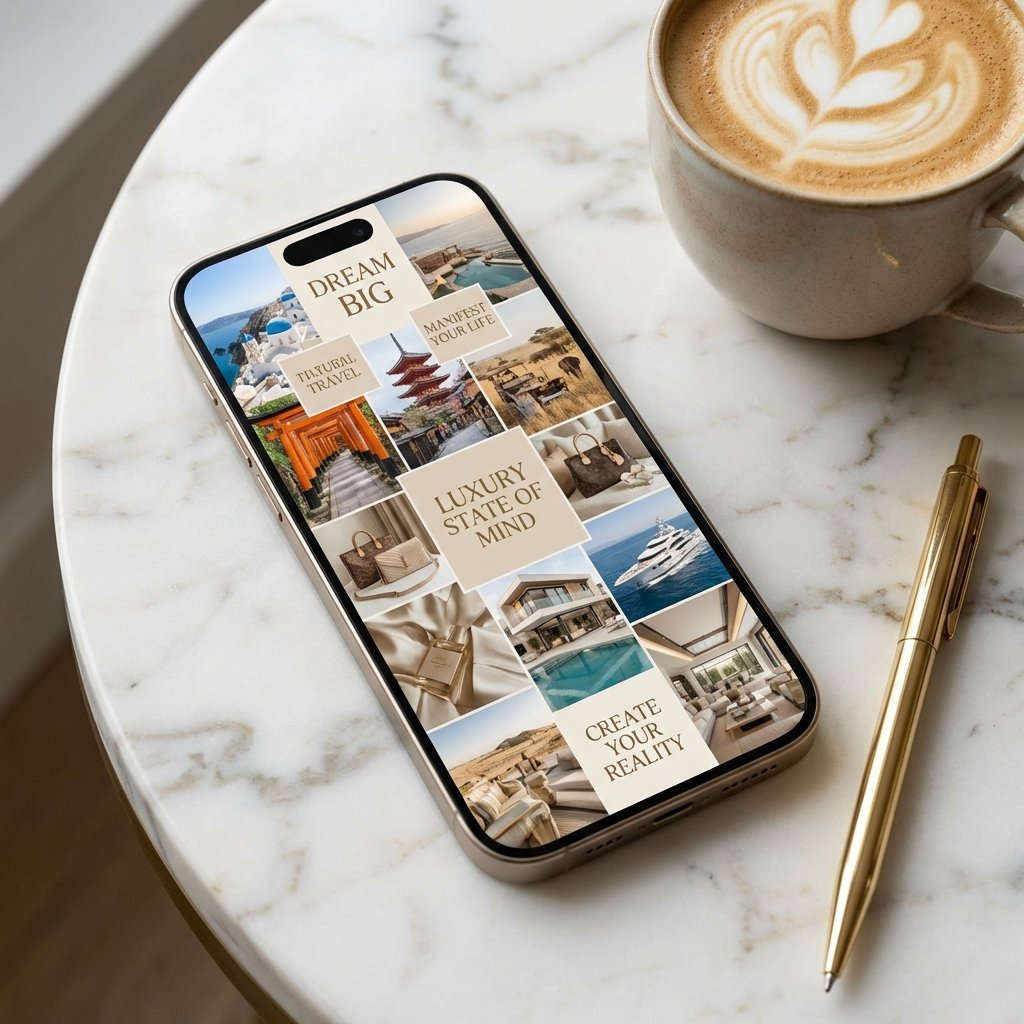Phone showing a digital vision board wallpaper