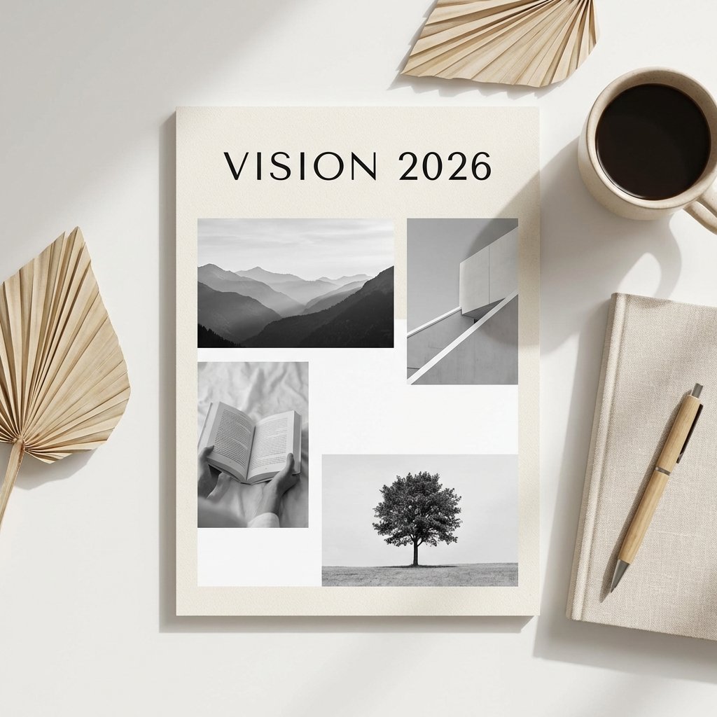 Minimalist vision board with clean typography and white space