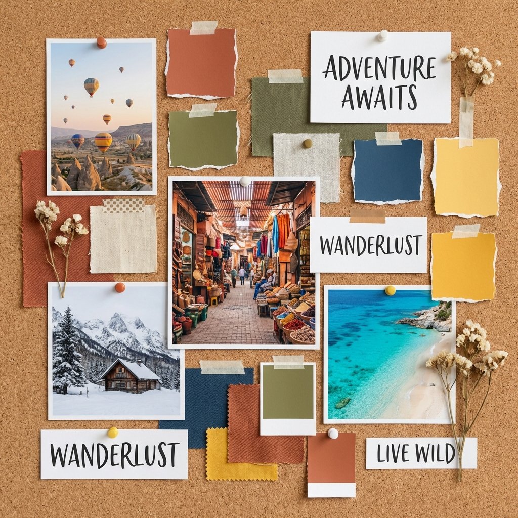 Aesthetic vision board mood board with inspiring photos and motivational quotes