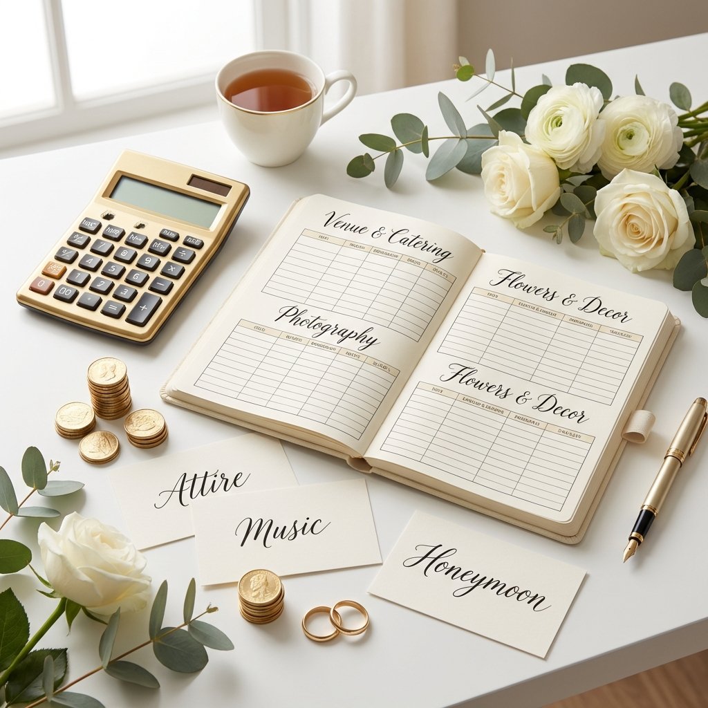 Wedding budget planning with calculator and expense categories