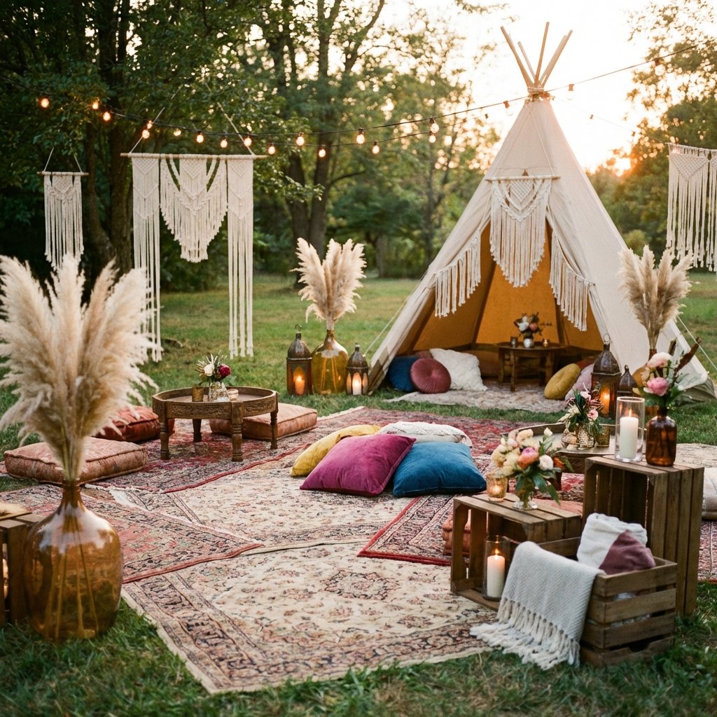 Bohemian wedding lounge area with vintage rugs and teepee