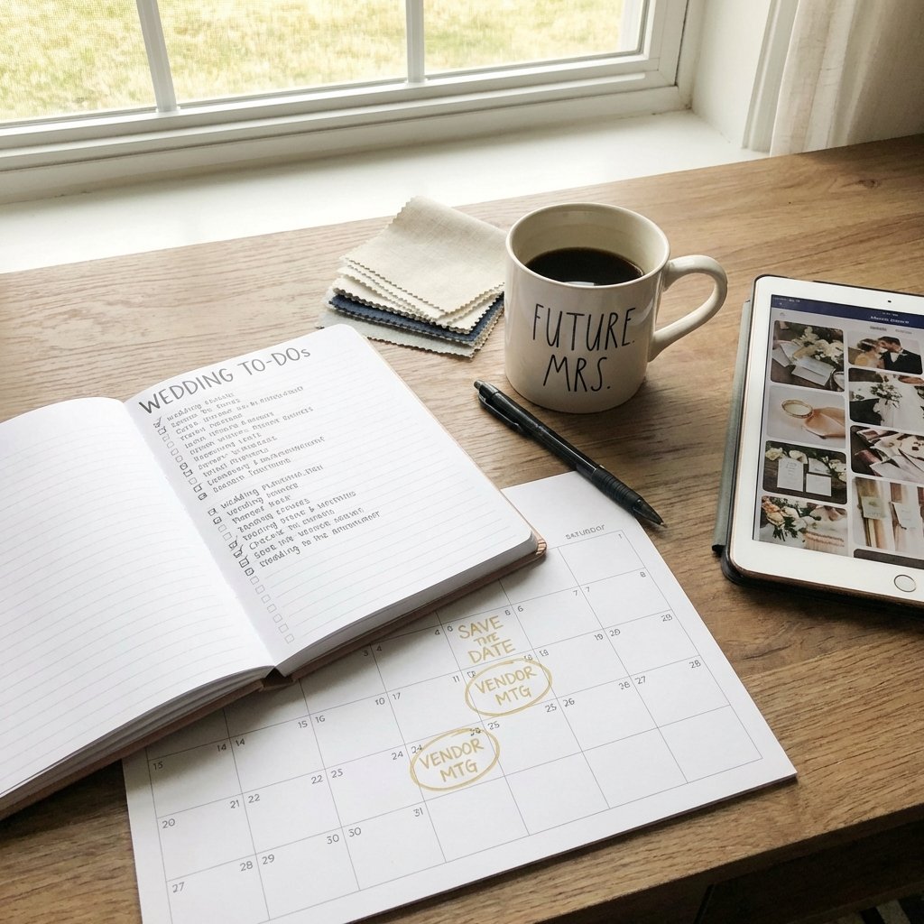 Wedding planning timeline with calendar and checklist