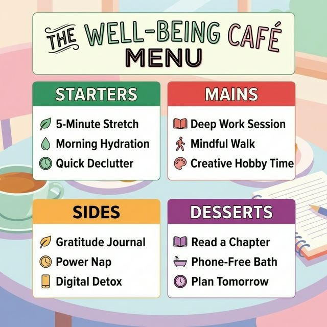 A colorful restaurant menu filled with ADHD self-care and productivity tasks