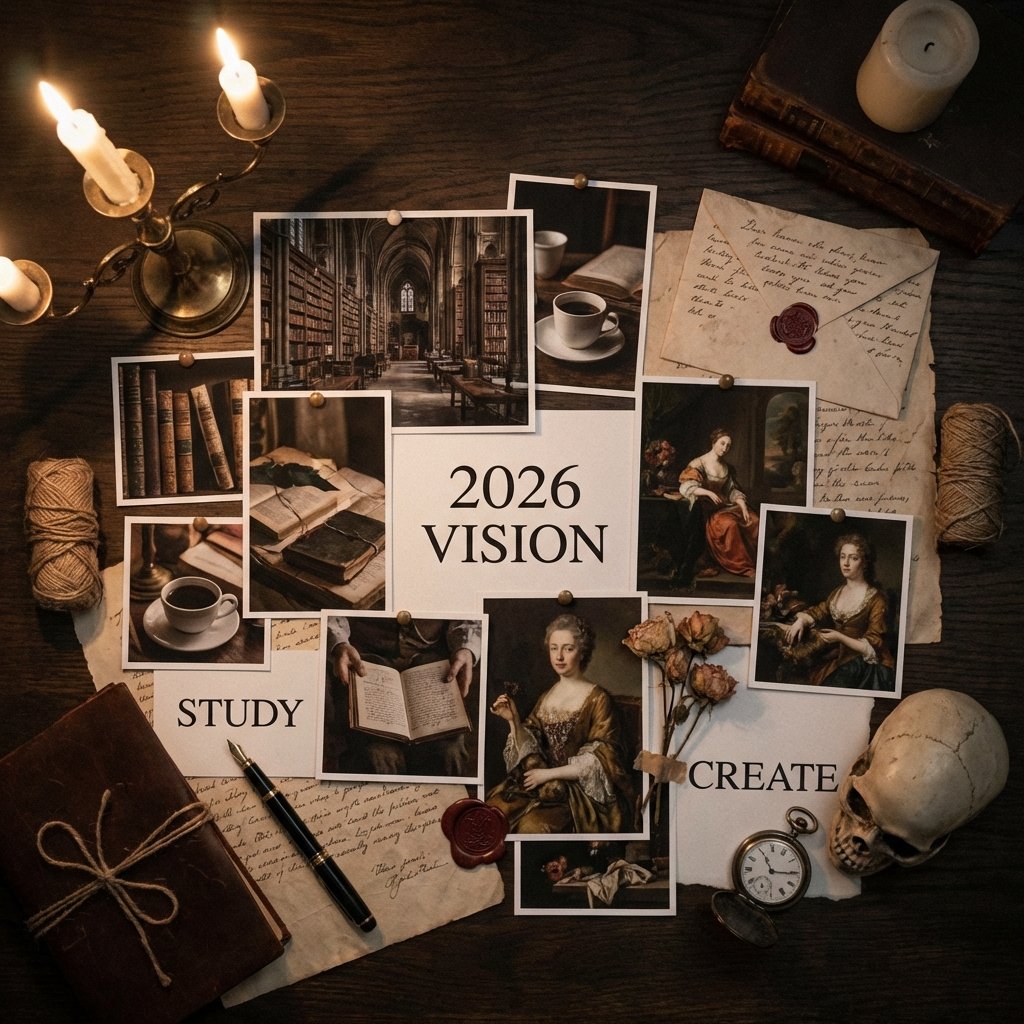 Dark academia aesthetic vision board with books and coffee